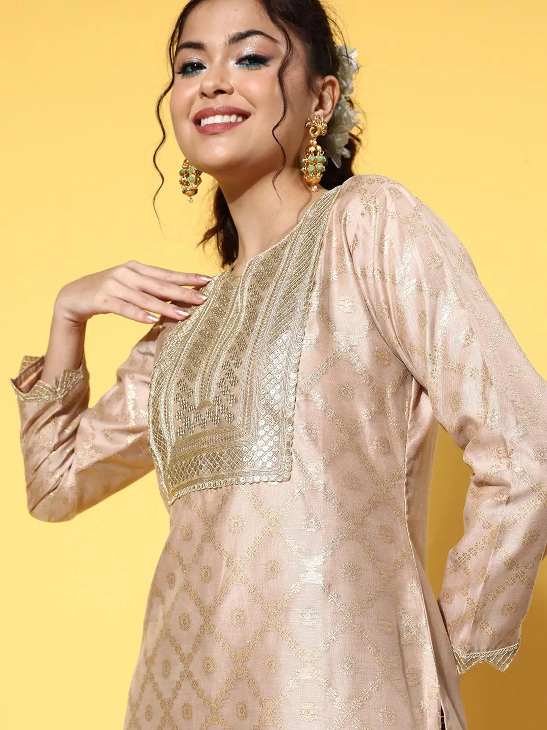 Beige Woven Design Chanderi Silk Straight Kurta - Libas 