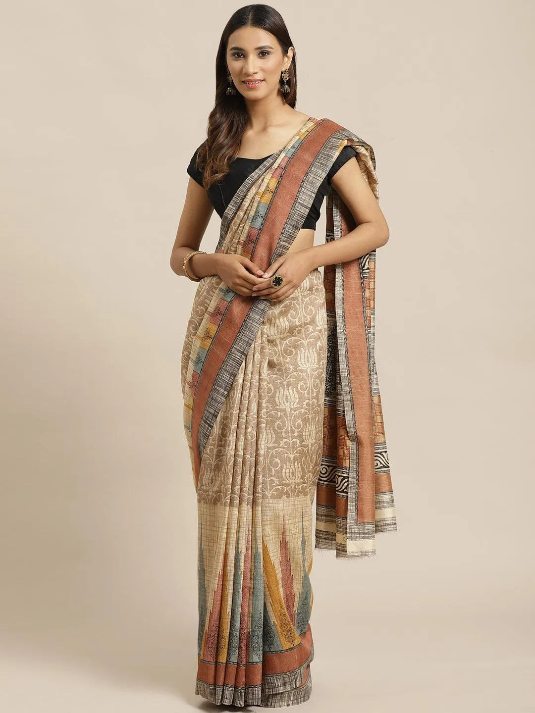 Beige Woven Design Silk Saree - Libas 