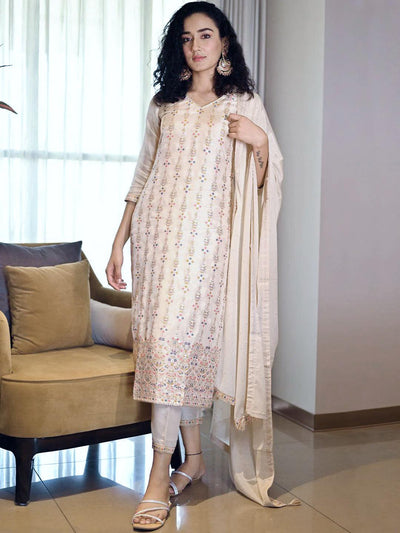 Buy Ethnic Beige Color Banarasi Jacquard Trouser Suit Online - SALV2740 |  Appelle Fashion