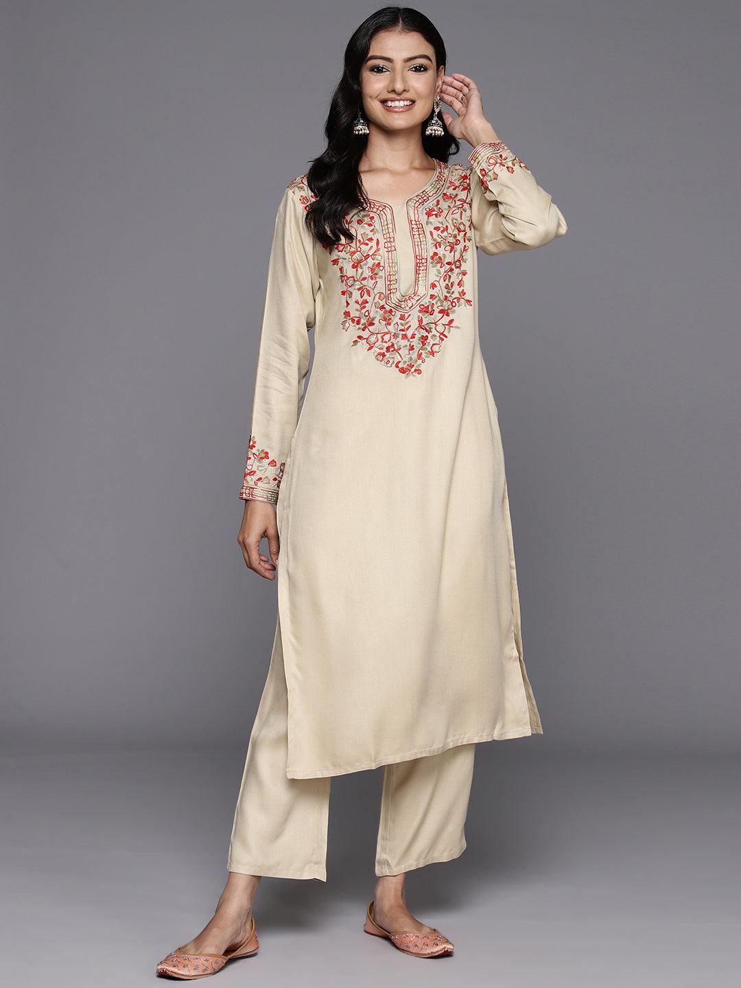 Beige Yoke Design Wool Blend Straight Kurta With Trousers - Libas