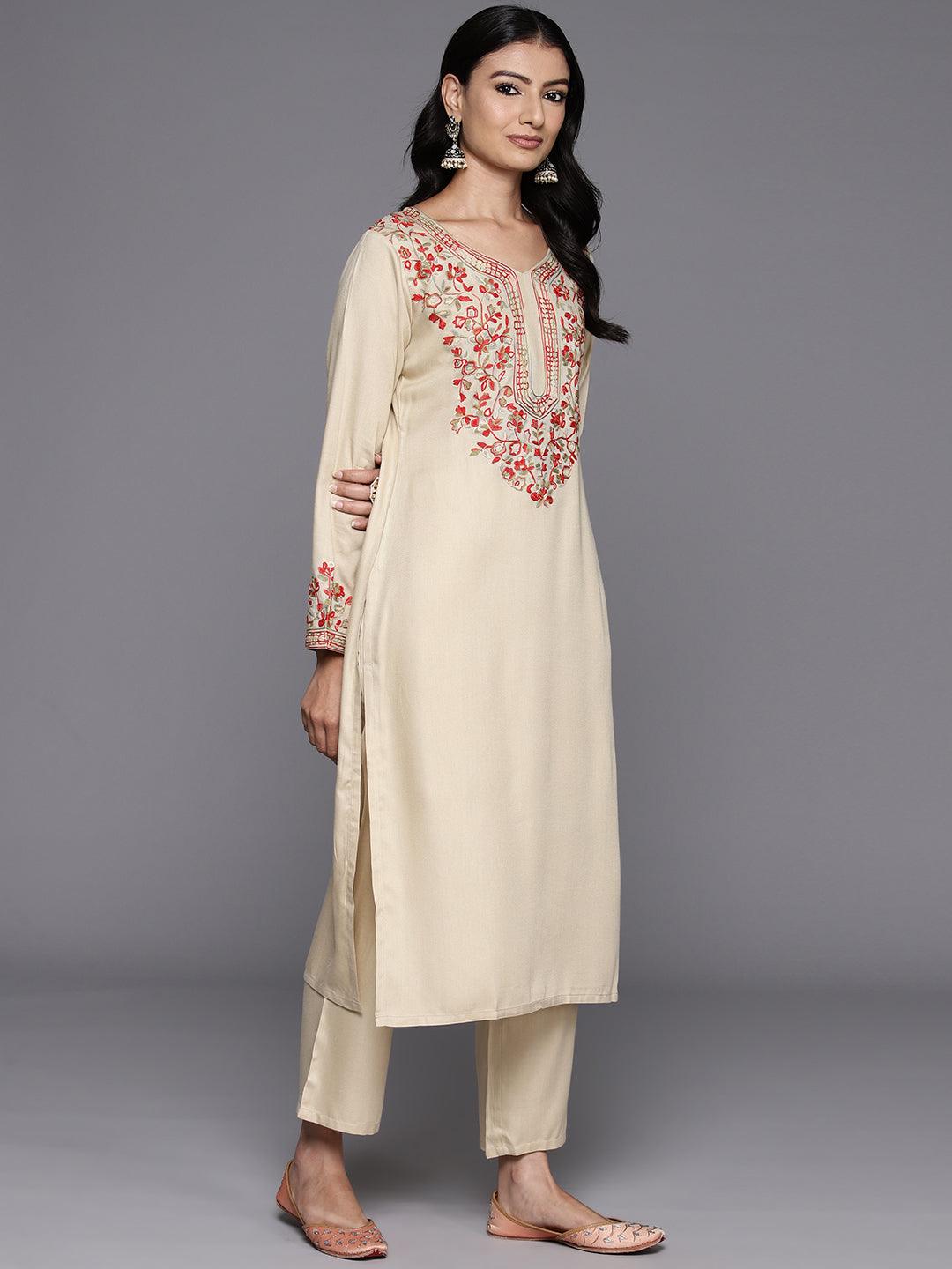 Beige Yoke Design Wool Blend Straight Kurta With Trousers - Libas