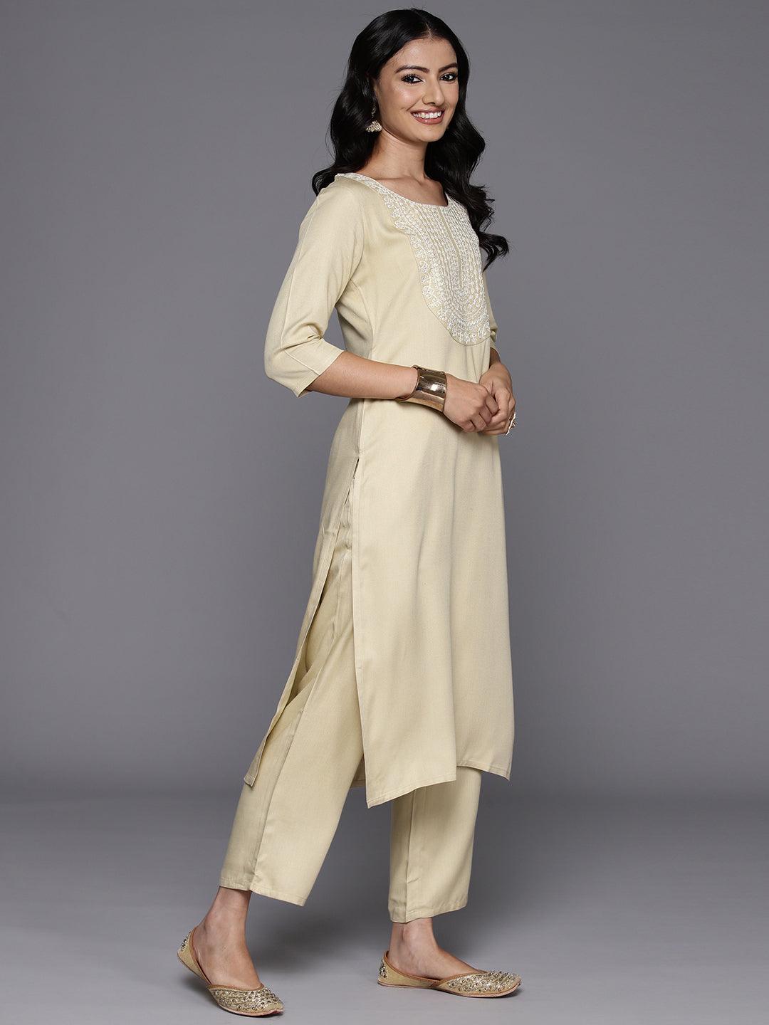 Beige Yoke Design Wool Blend Straight Kurta With Trousers - Libas 