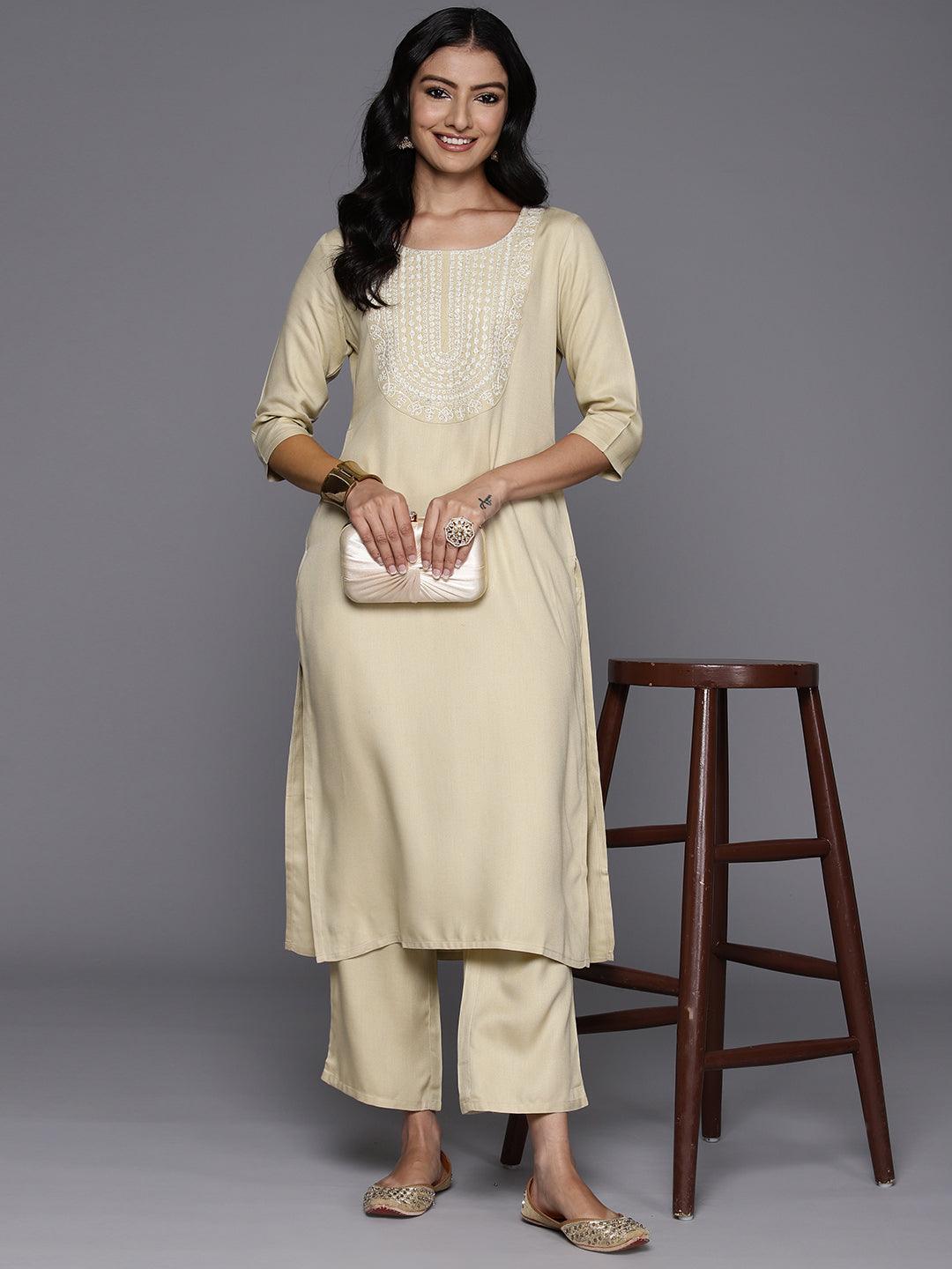 Beige Yoke Design Wool Blend Straight Kurta With Trousers - Libas 