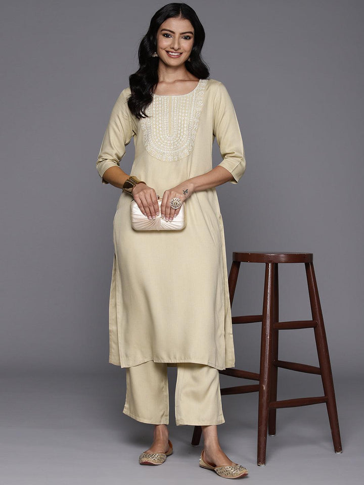 Beige Yoke Design Wool Blend Straight Kurta With Trousers - Libas