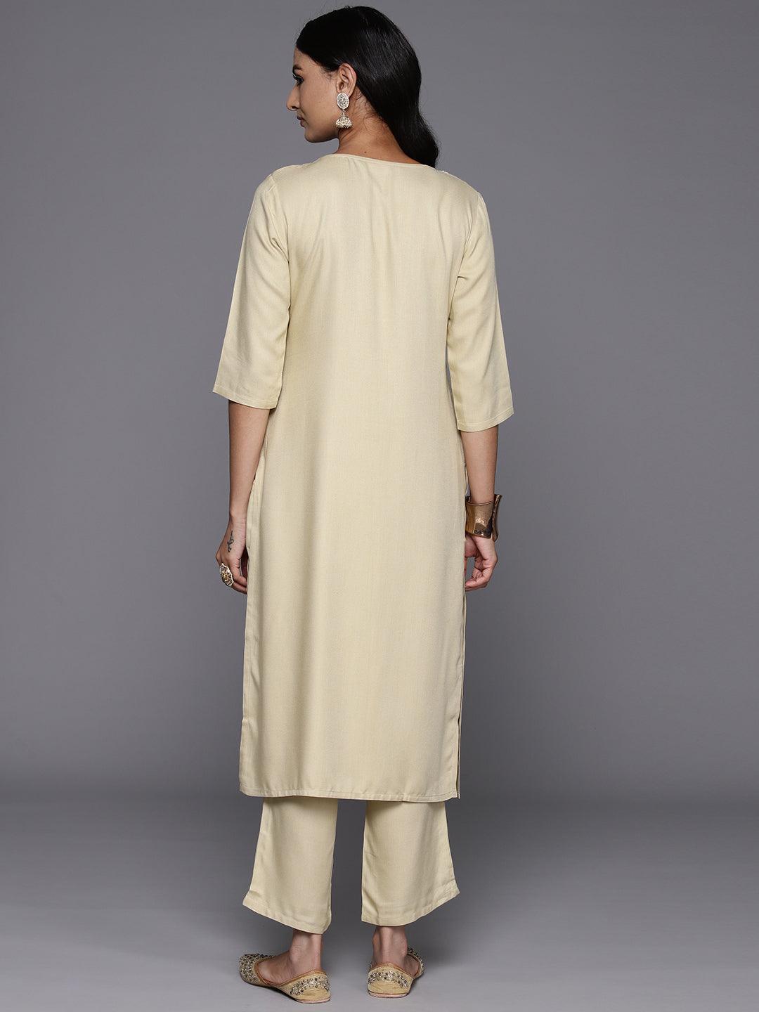 Beige Yoke Design Wool Blend Straight Kurta With Trousers - Libas