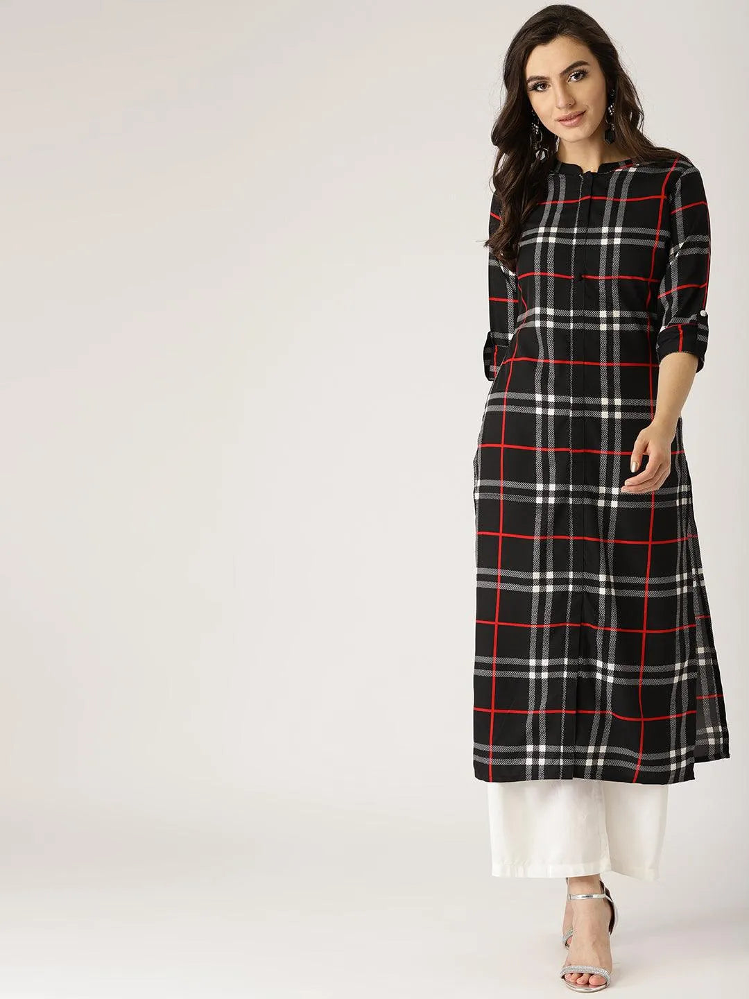 Black Checkered Crepe Kurta - Libas