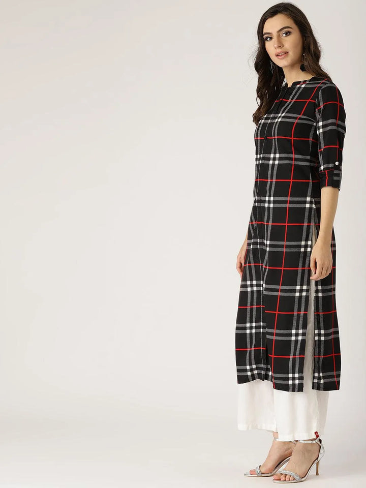 Black Checkered Crepe Kurta - Libas