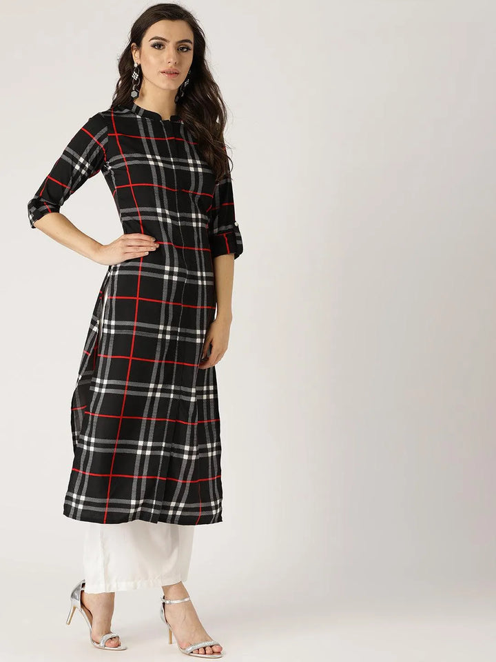 Black Checkered Crepe Kurta - Libas