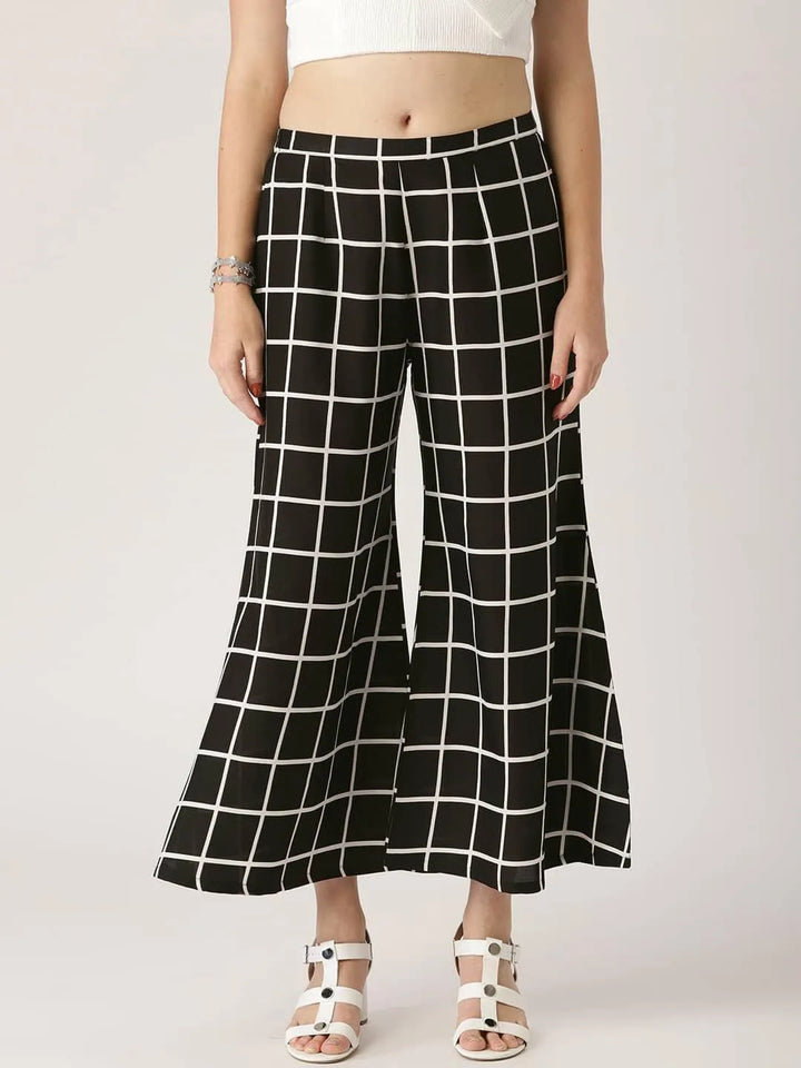 Black Checkered Crepe Palazzos - Libas