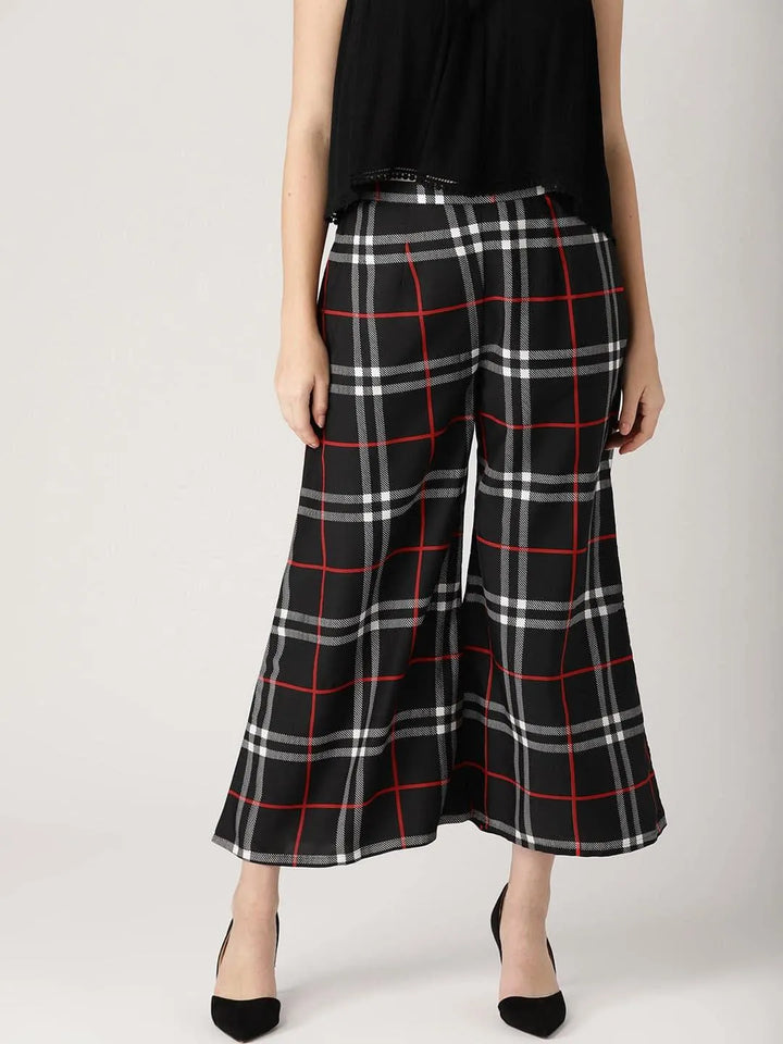 Black Checkered Crepe Palazzos - Libas