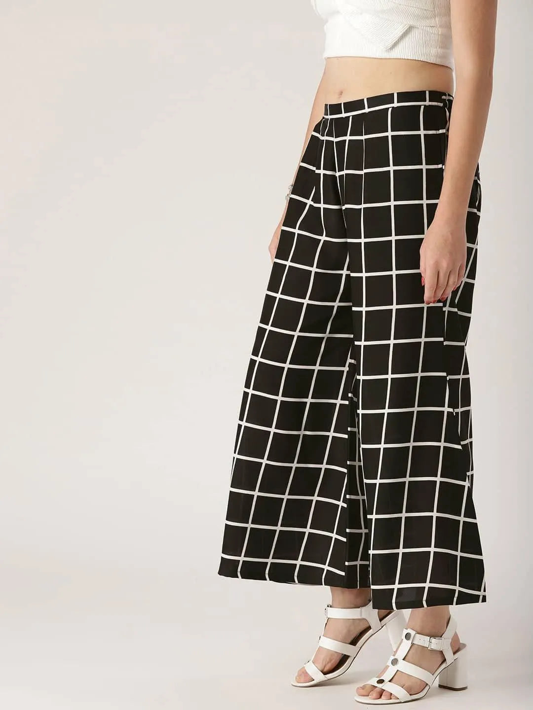 Black Checkered Crepe Palazzos - Libas 