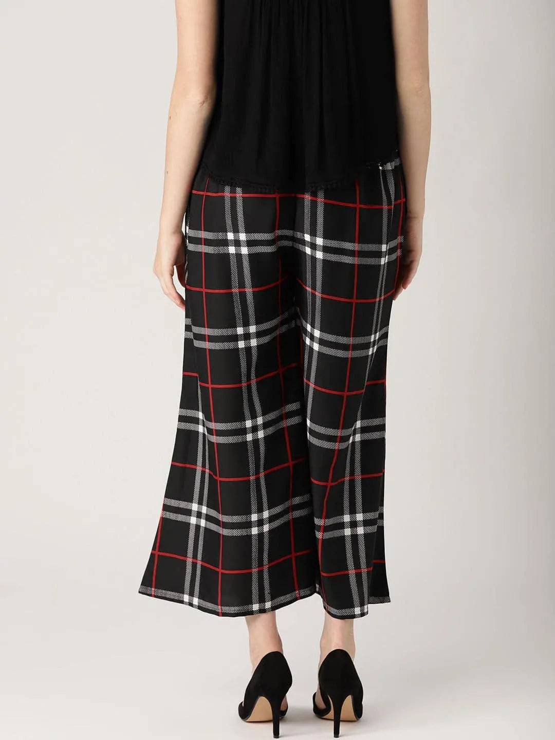 Black Checkered Crepe Palazzos - Libas 