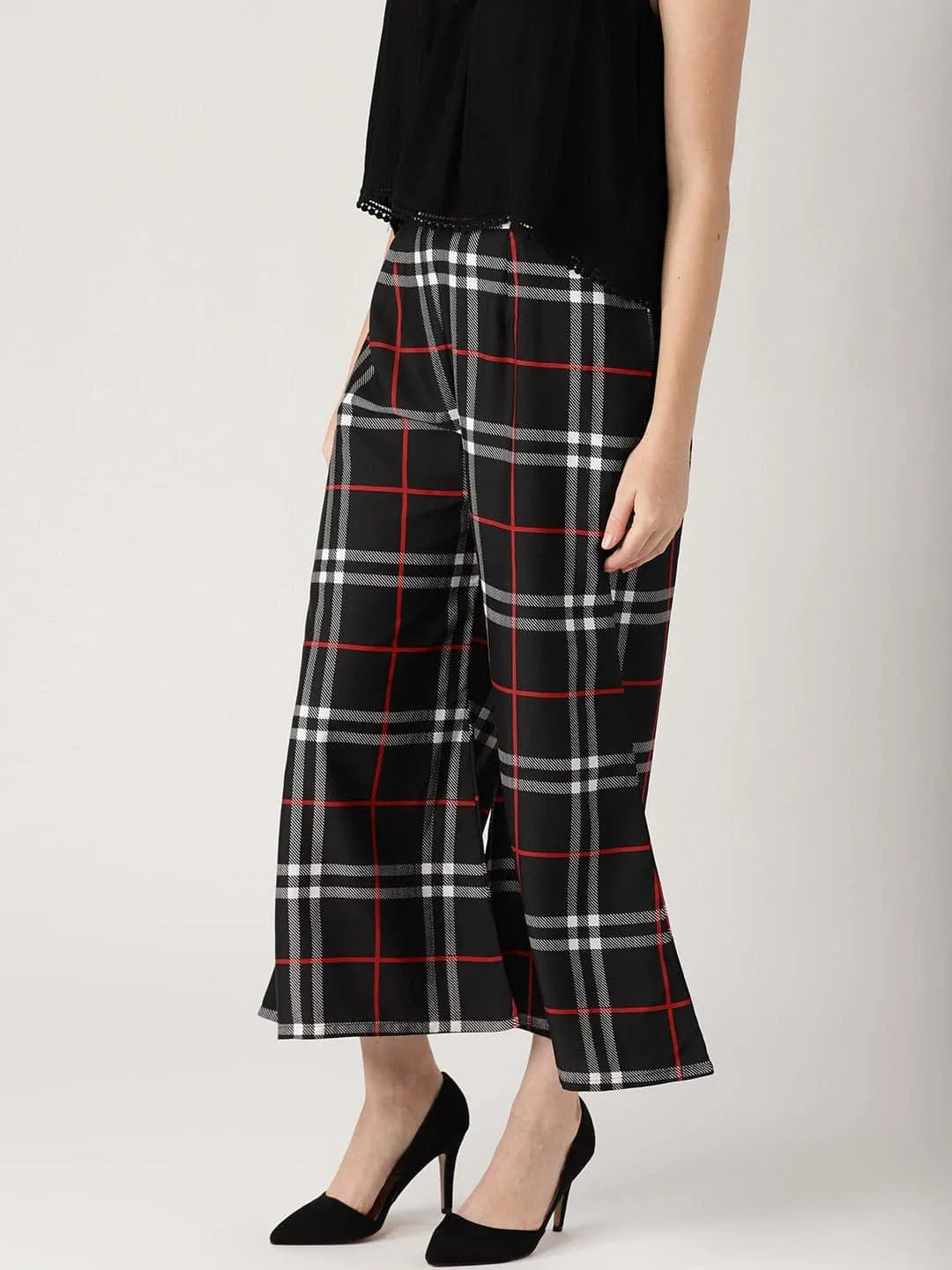 Black Checkered Crepe Palazzos - Libas 