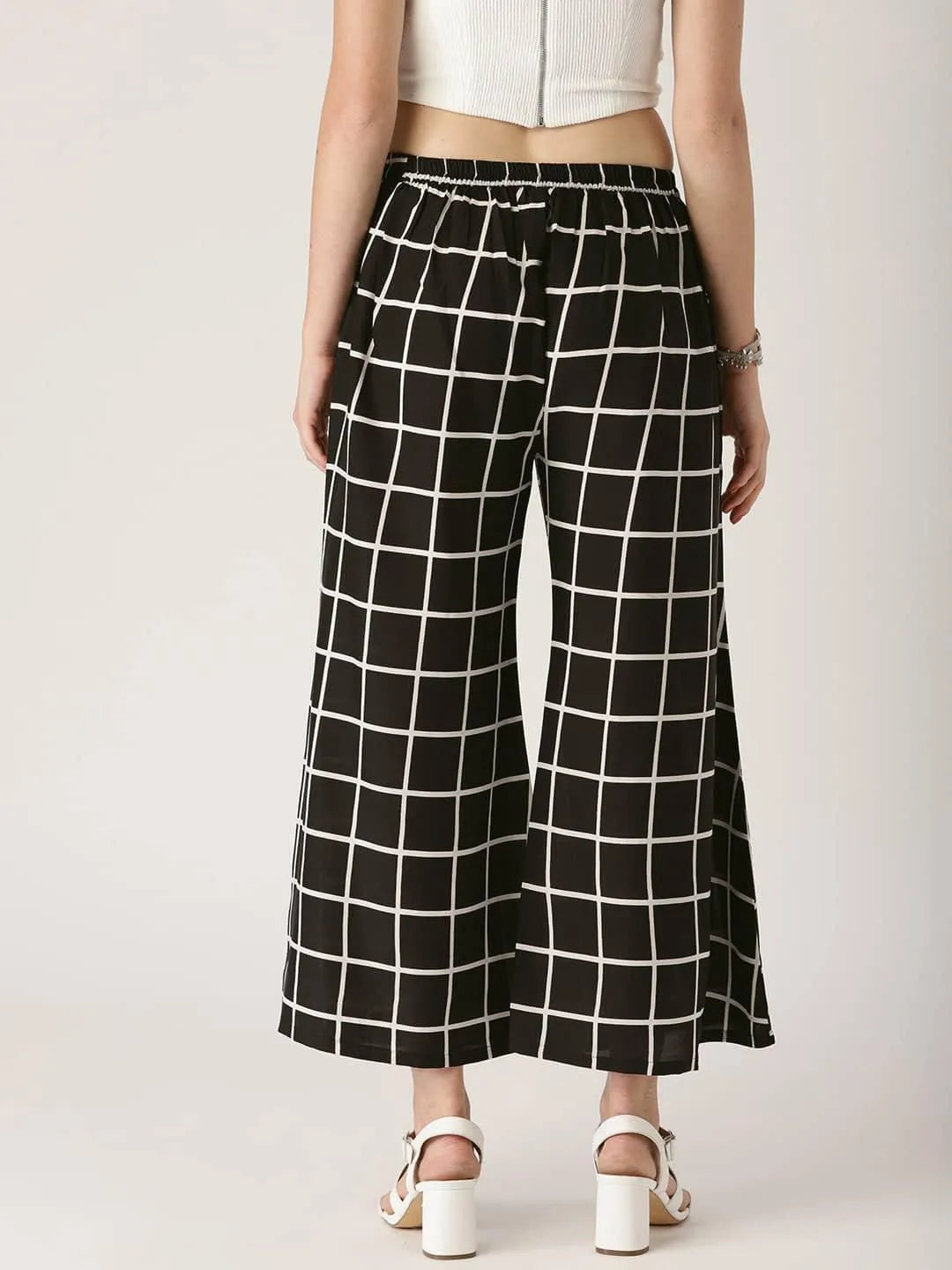 Black Checkered Crepe Palazzos - Libas 