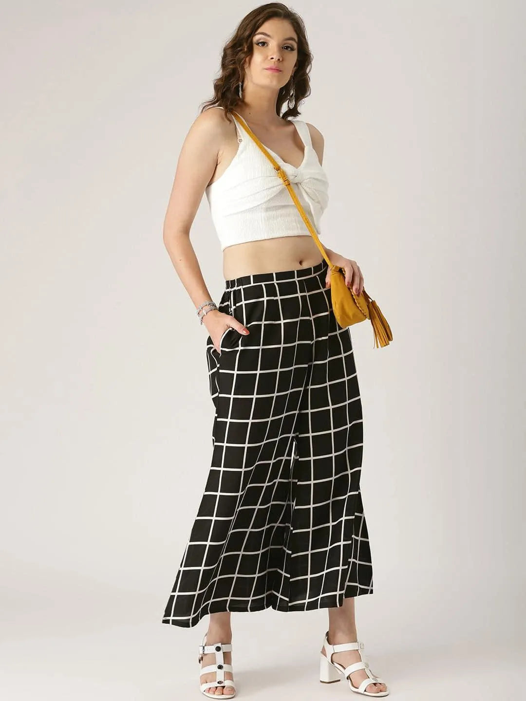 Black Checkered Crepe Palazzos - Libas 