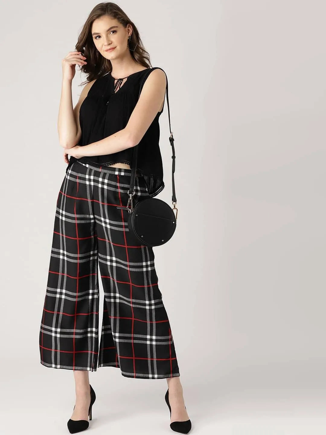 Black Checkered Crepe Palazzos - Libas 