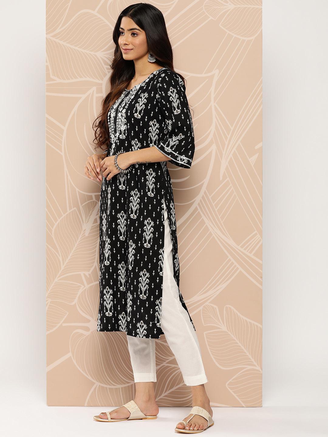 Black Embellished Cotton Straight Kurta - Libas 