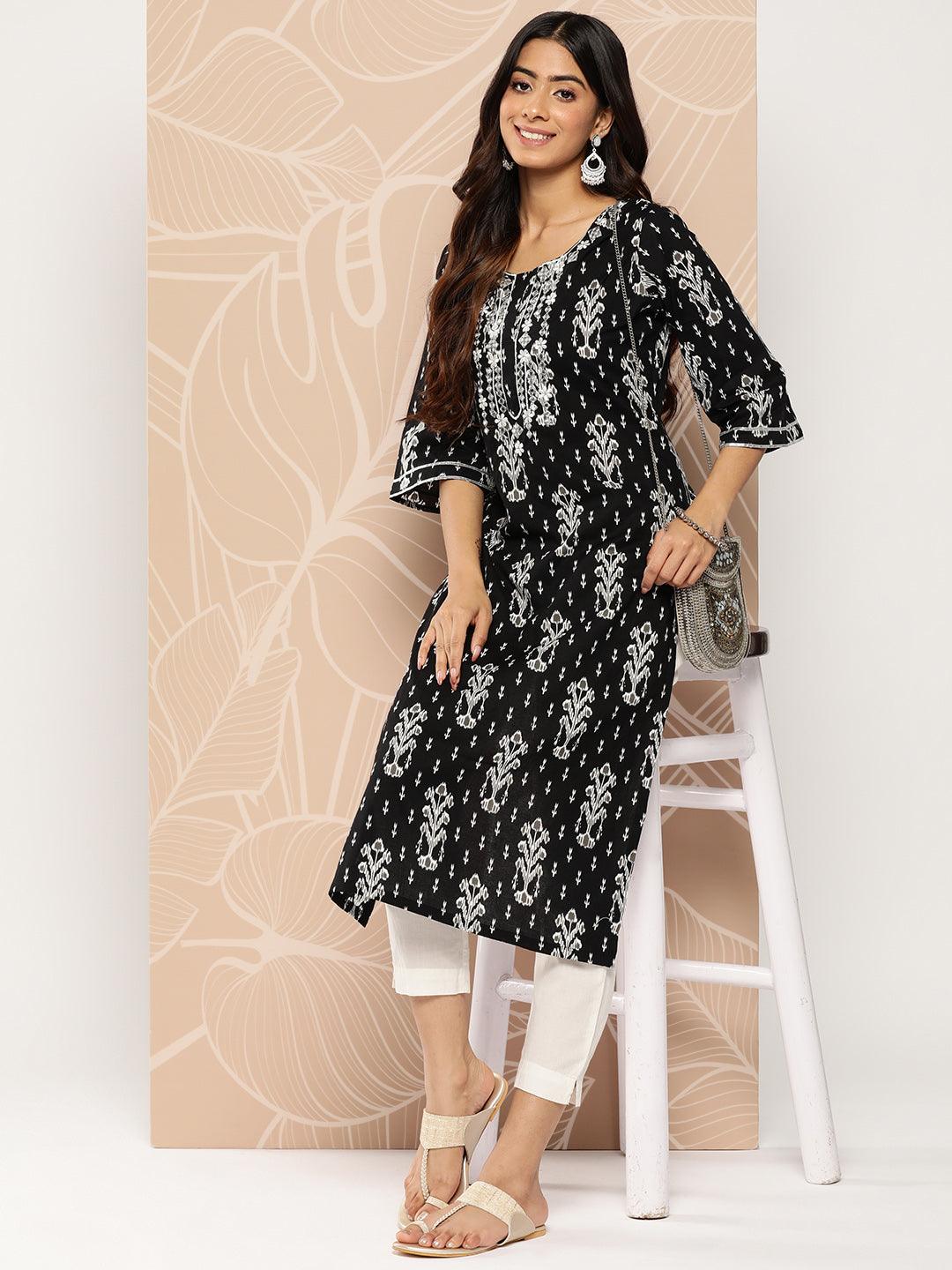 Black Embellished Cotton Straight Kurta - Libas 