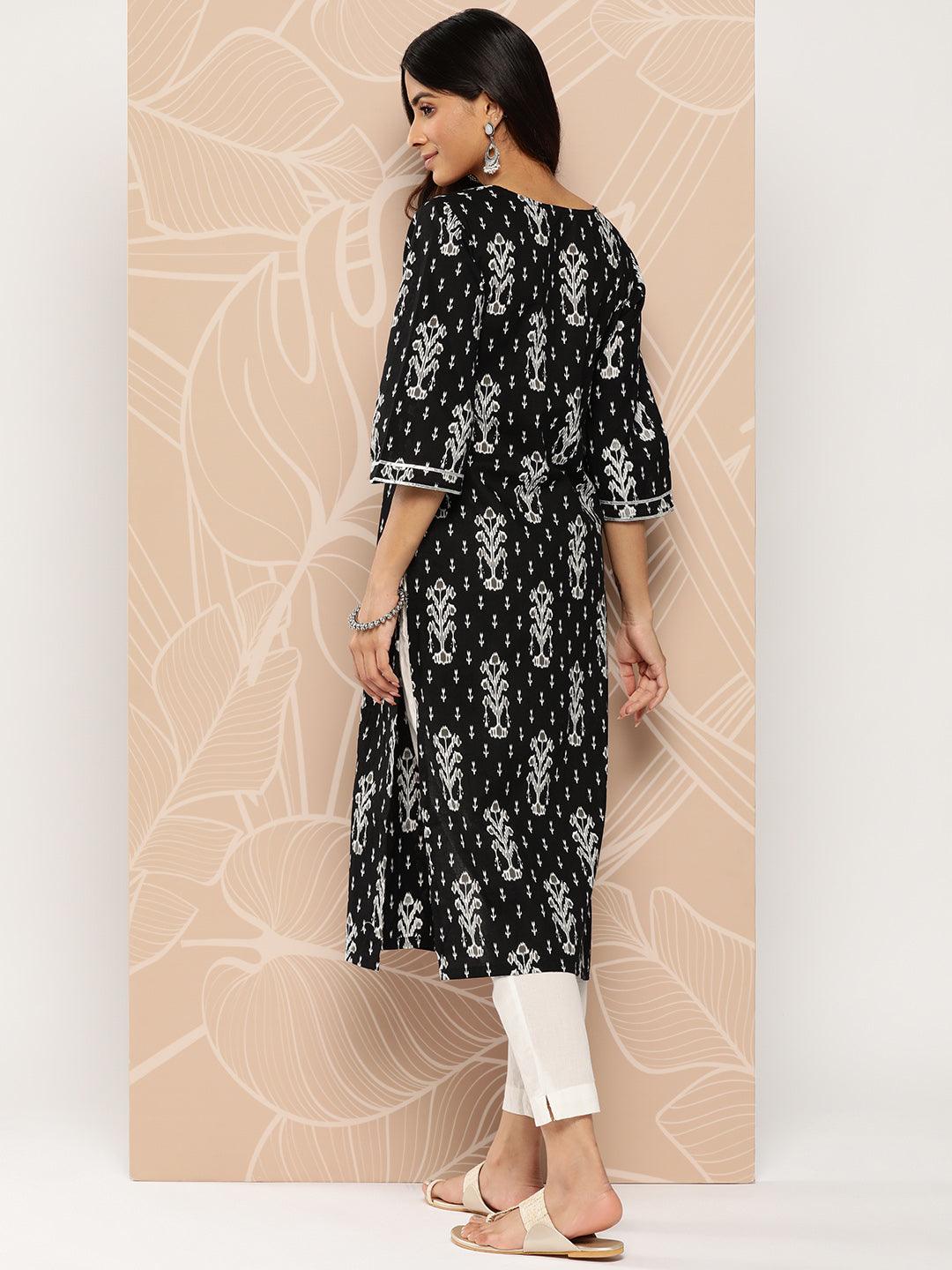 Black Embellished Cotton Straight Kurta - Libas 