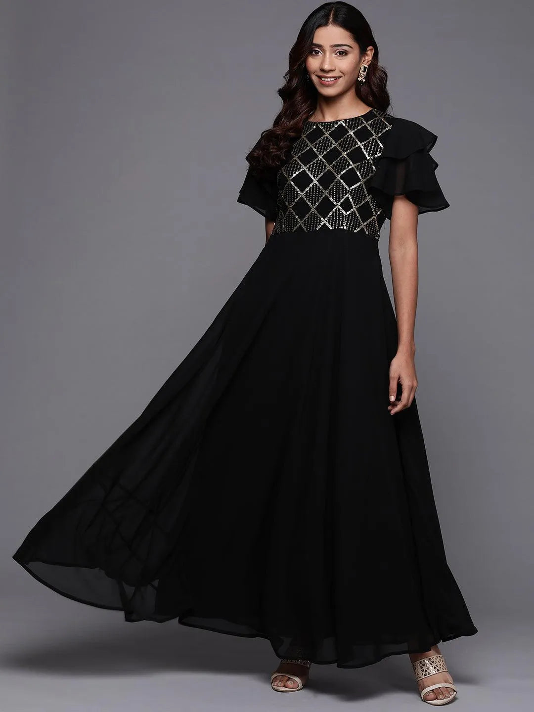 Black Embellished Georgette Fit and Flare Dress - Libas 