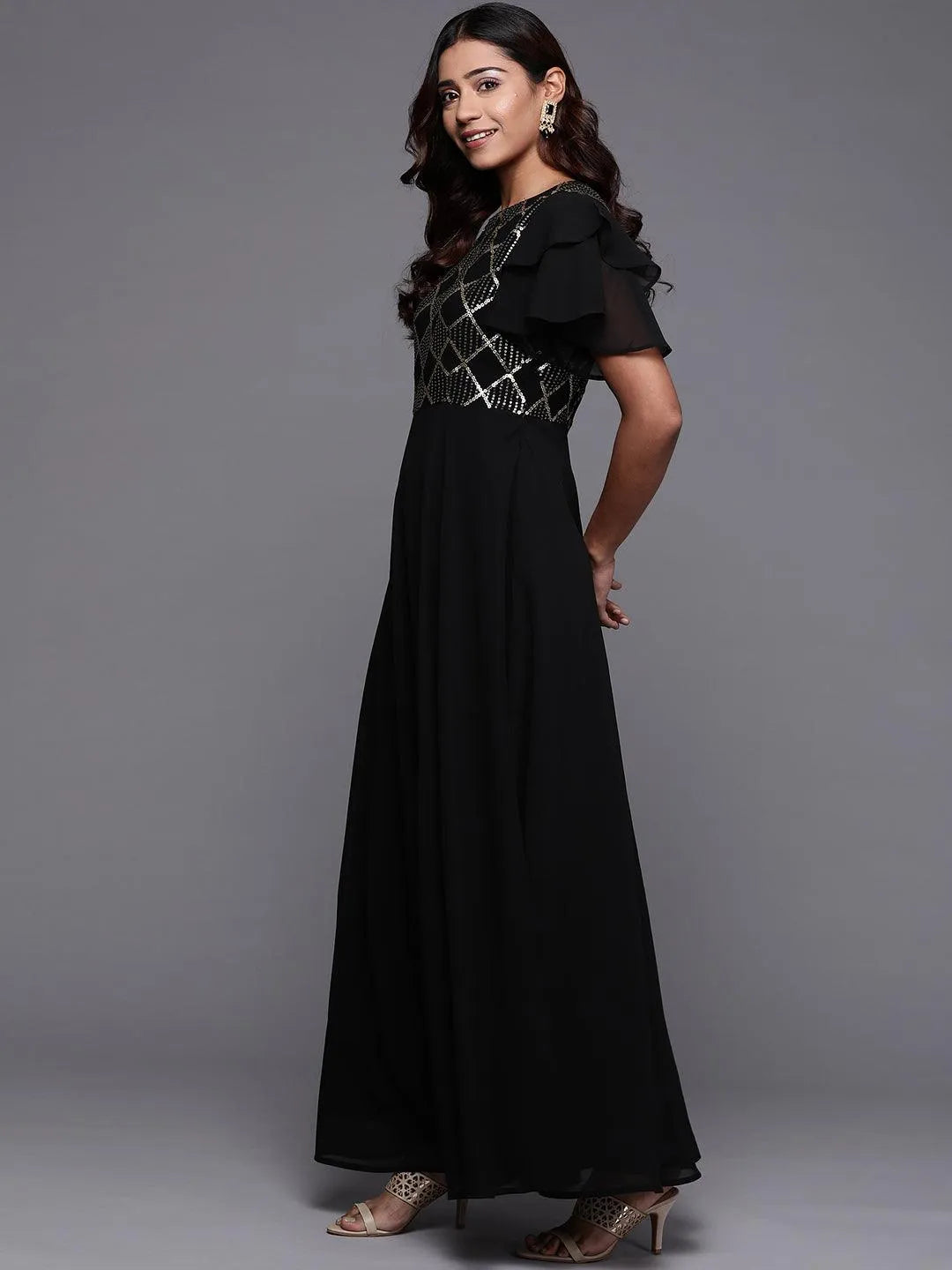 Black Embellished Georgette Fit and Flare Dress - Libas 