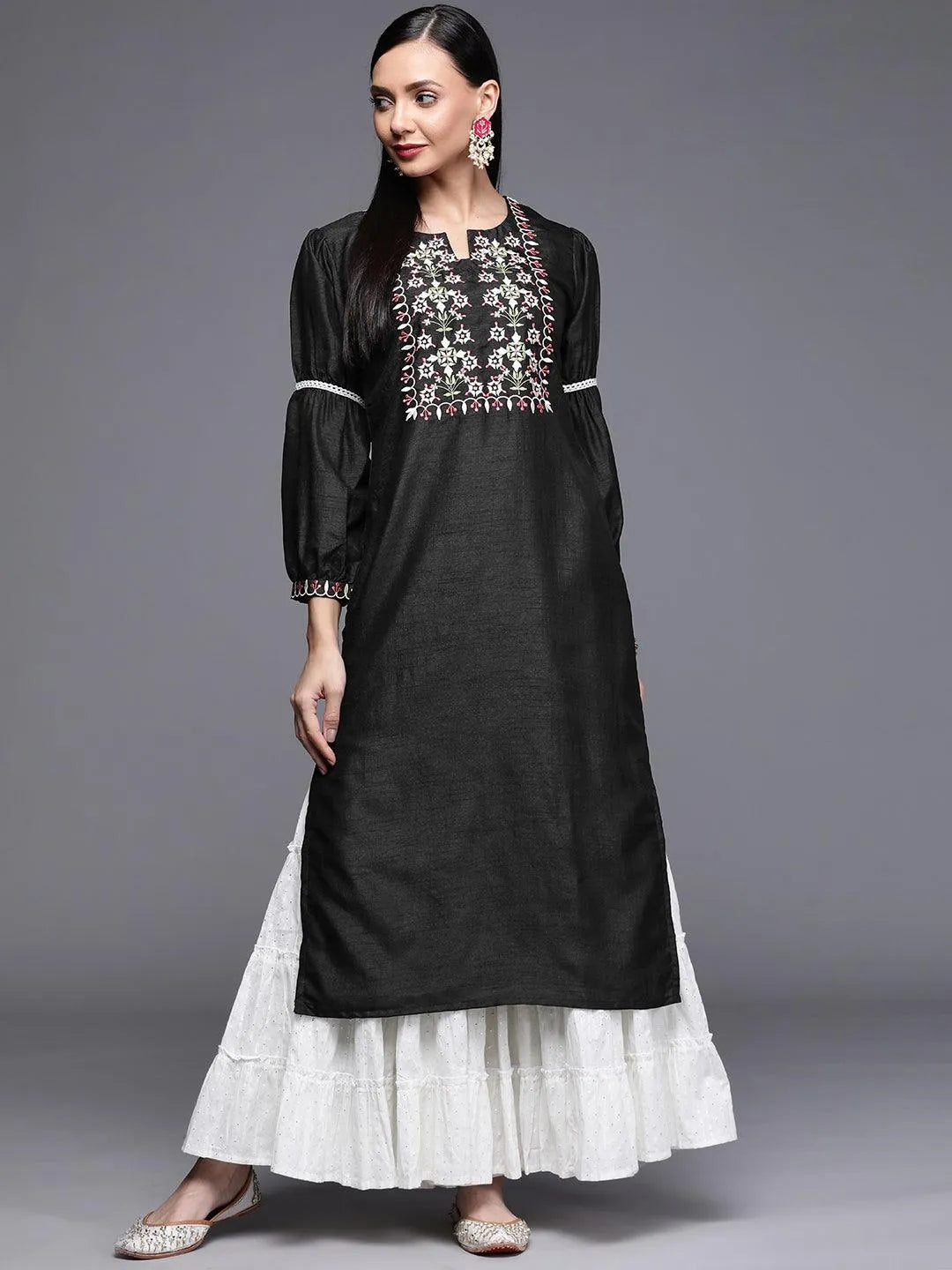 Black Embroidered Chanderi Silk Kurta - Libas 