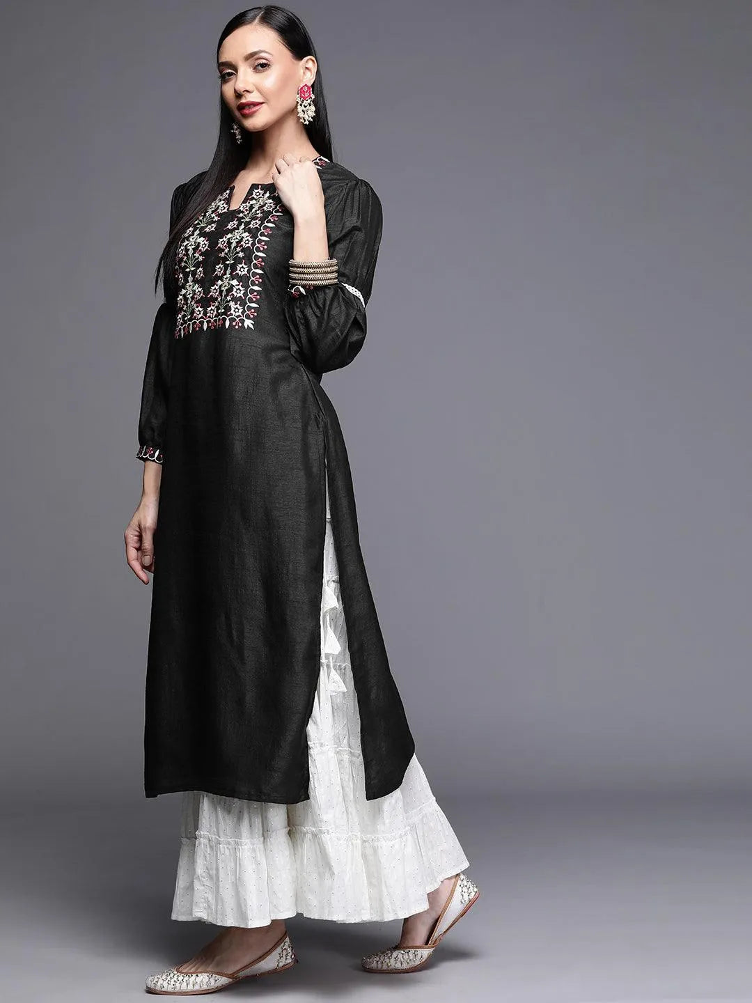 Black Embroidered Chanderi Silk Kurta - Libas 