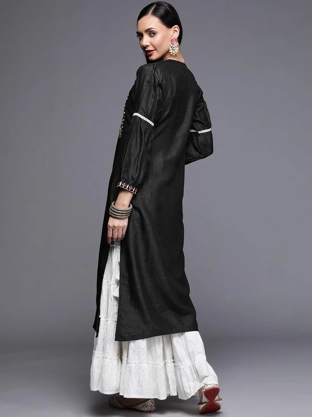 Black Embroidered Chanderi Silk Kurta - Libas 