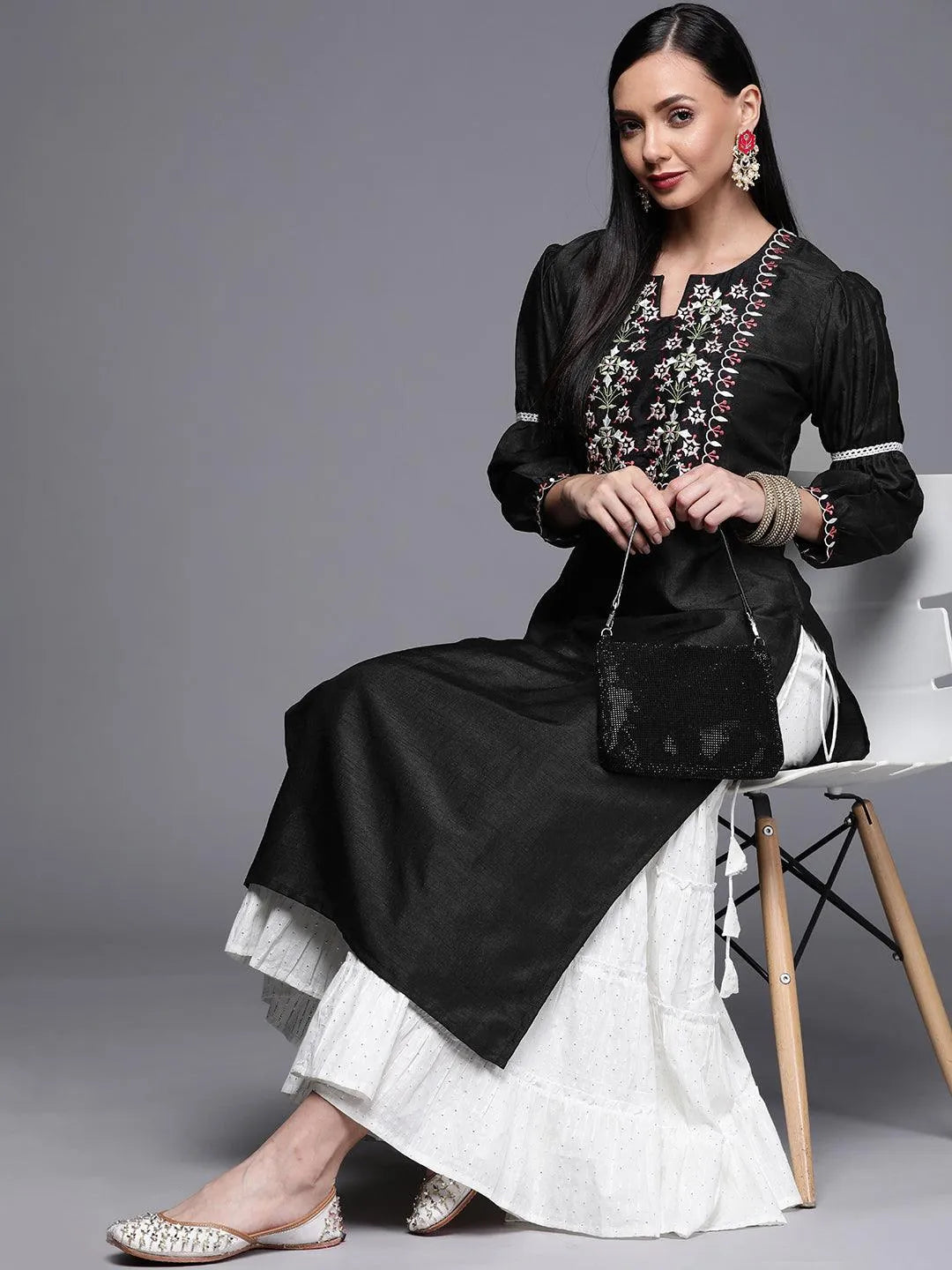 Black Embroidered Chanderi Silk Kurta - Libas 