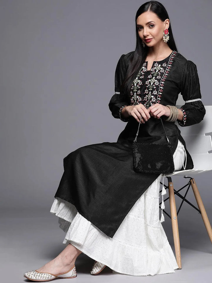 Black Embroidered Chanderi Silk Kurta - Libas