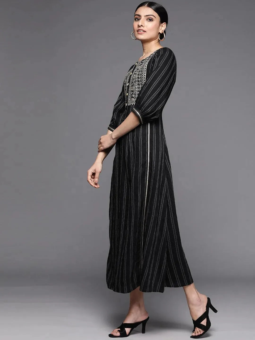 Black Embroidered Cotton Dress - Libas