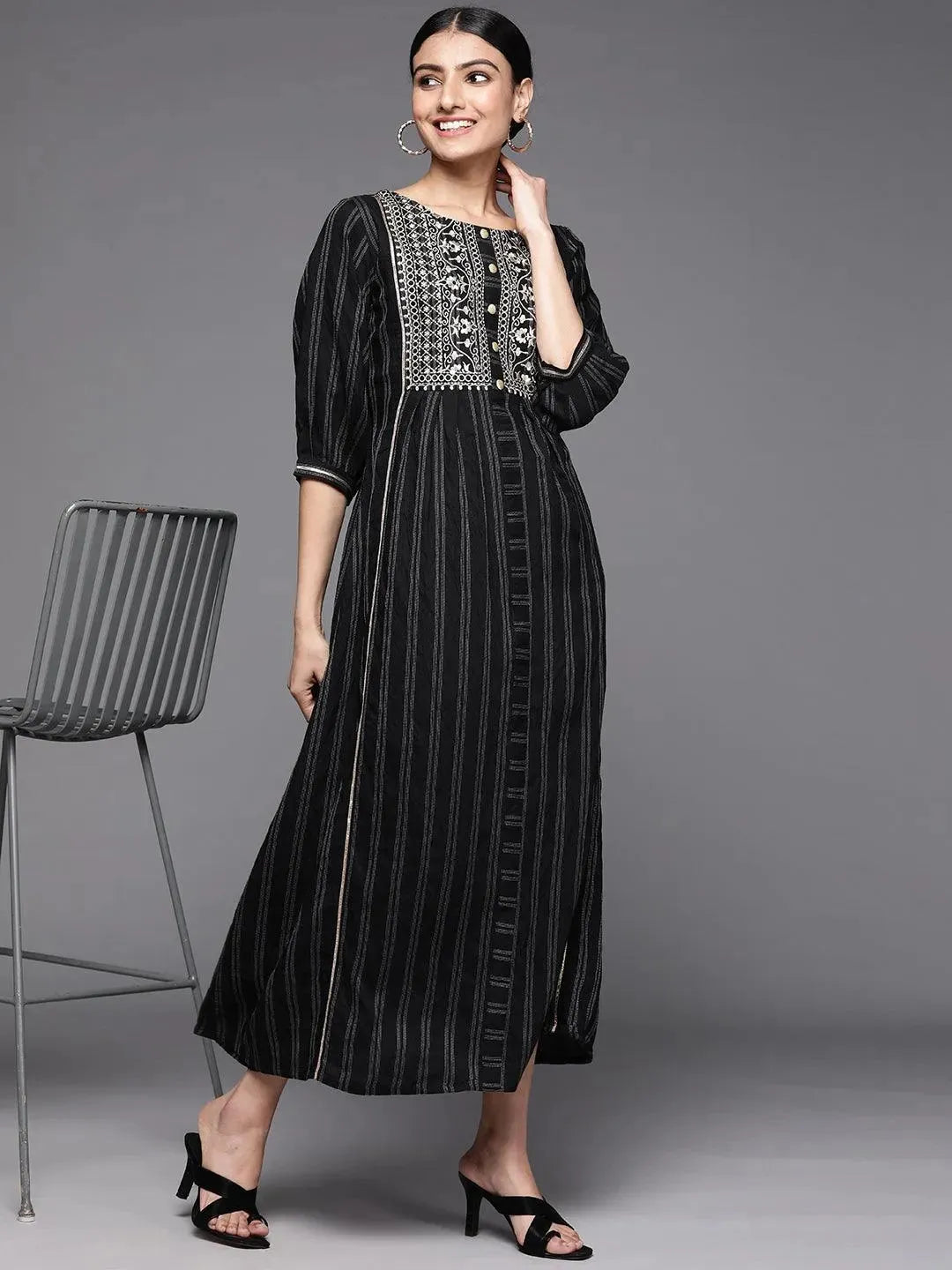 Black Embroidered Cotton Dress - Libas 