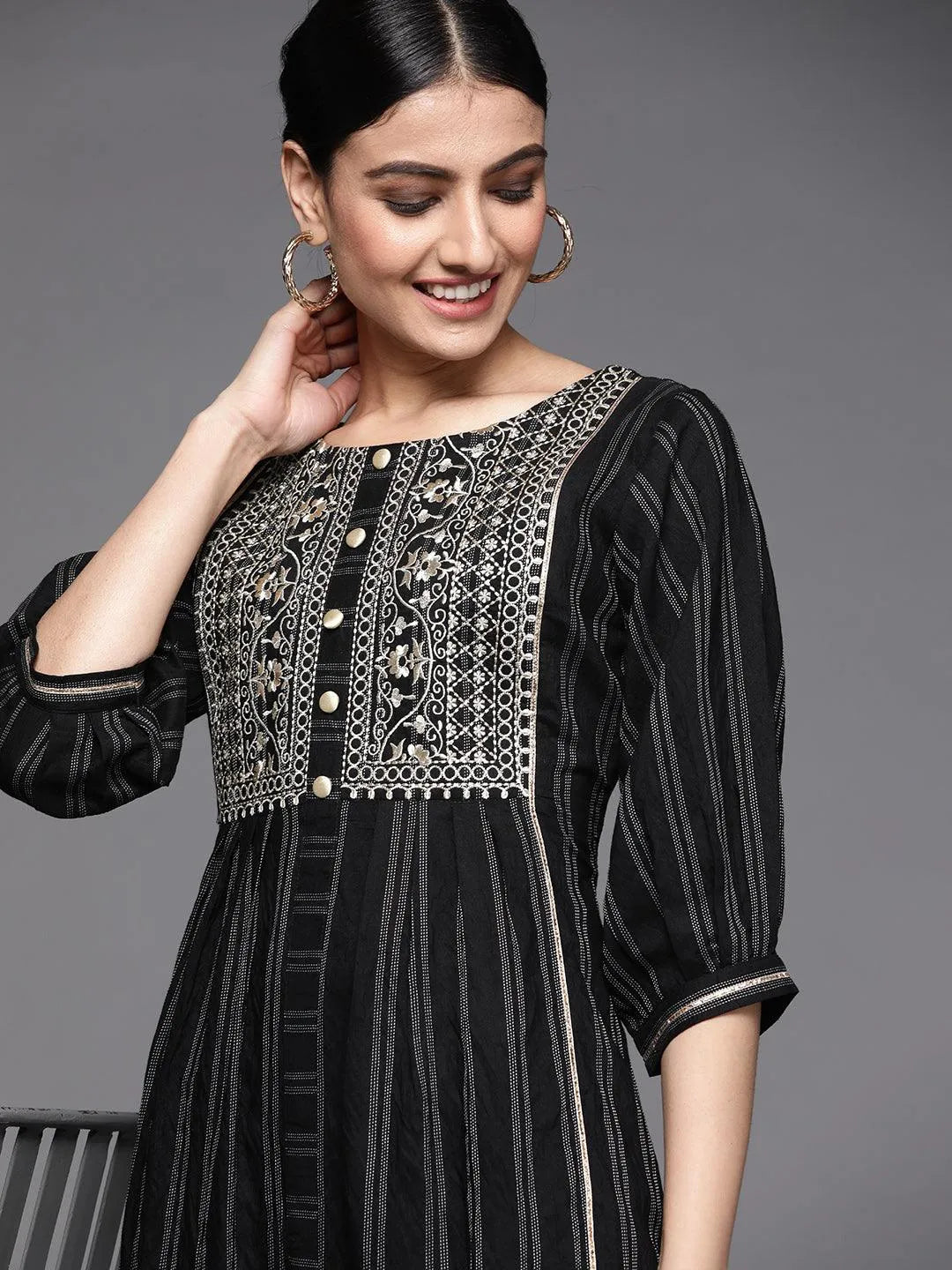 Black Embroidered Cotton Dress - Libas 