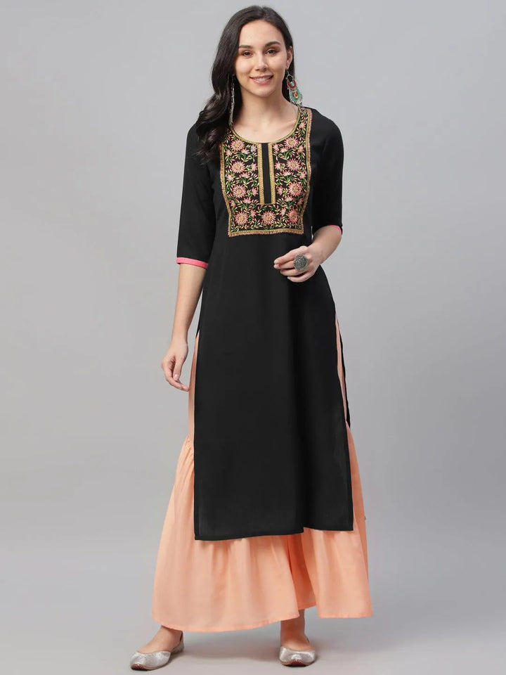 Black Embroidered Cotton Kurta - Libas