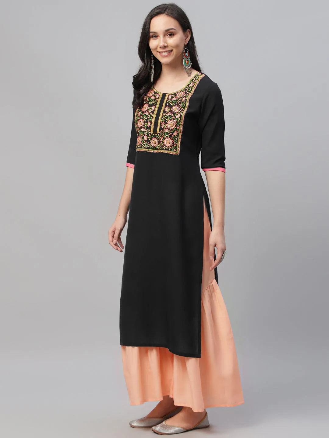 Black Embroidered Cotton Kurta - Libas