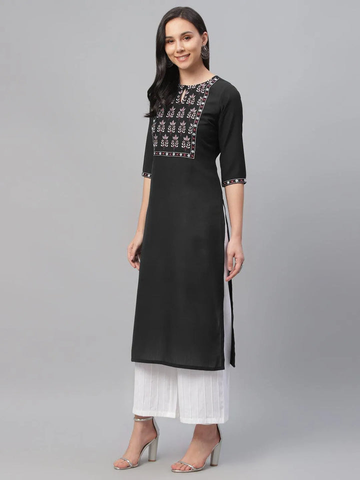 Black Embroidered Cotton Kurta - Libas