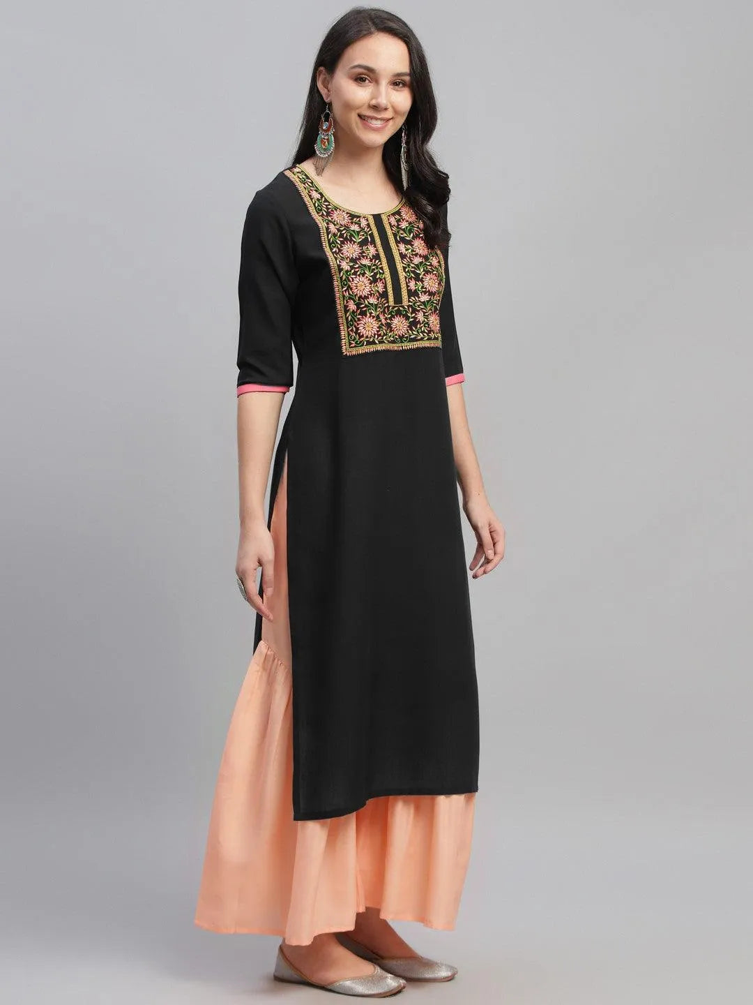 Black Embroidered Cotton Kurta - Libas