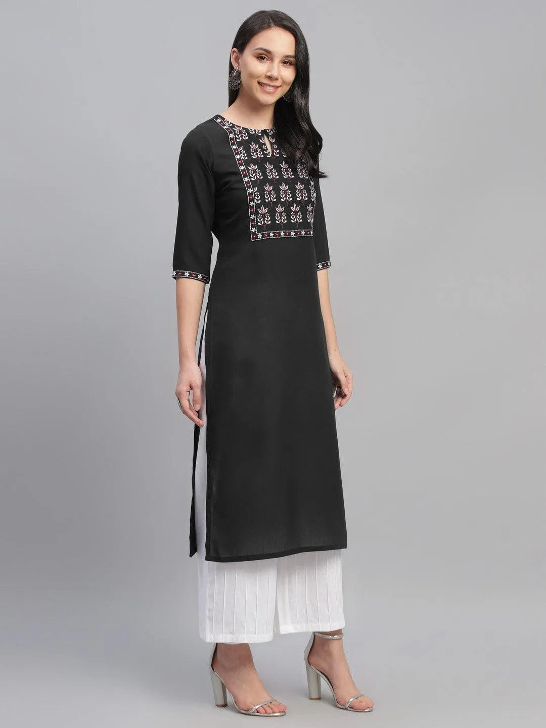 Black Embroidered Cotton Kurta - Libas