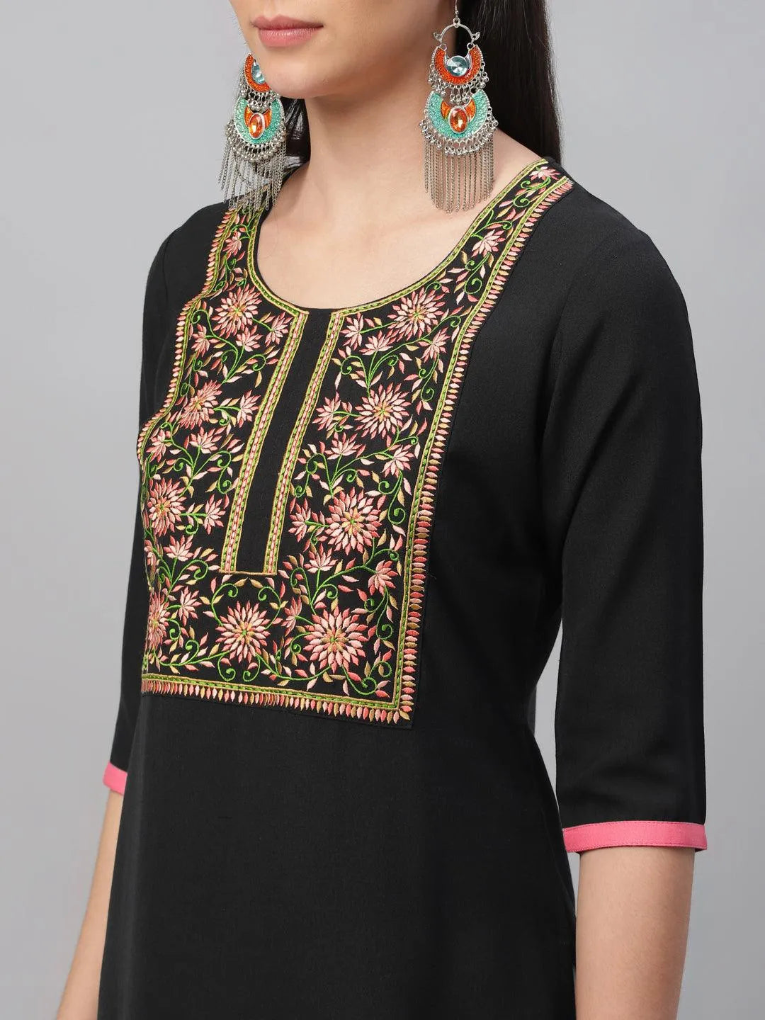 Black Embroidered Cotton Kurta - Libas