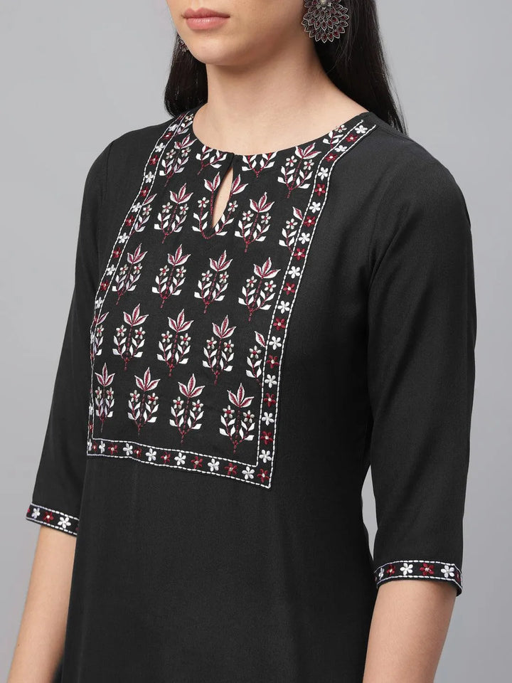 Black Embroidered Cotton Kurta - Libas