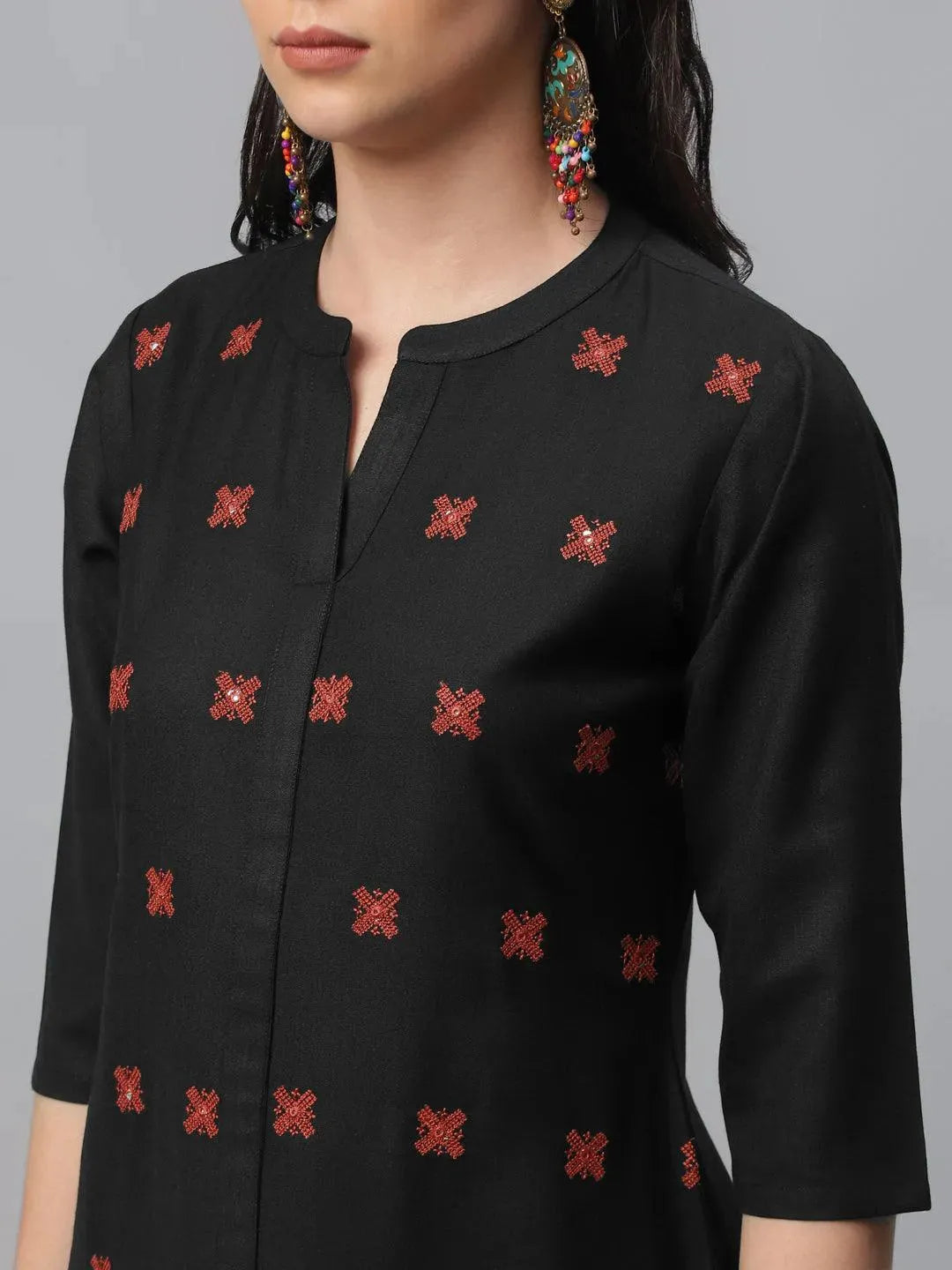 Black Embroidered Cotton Kurta - Libas