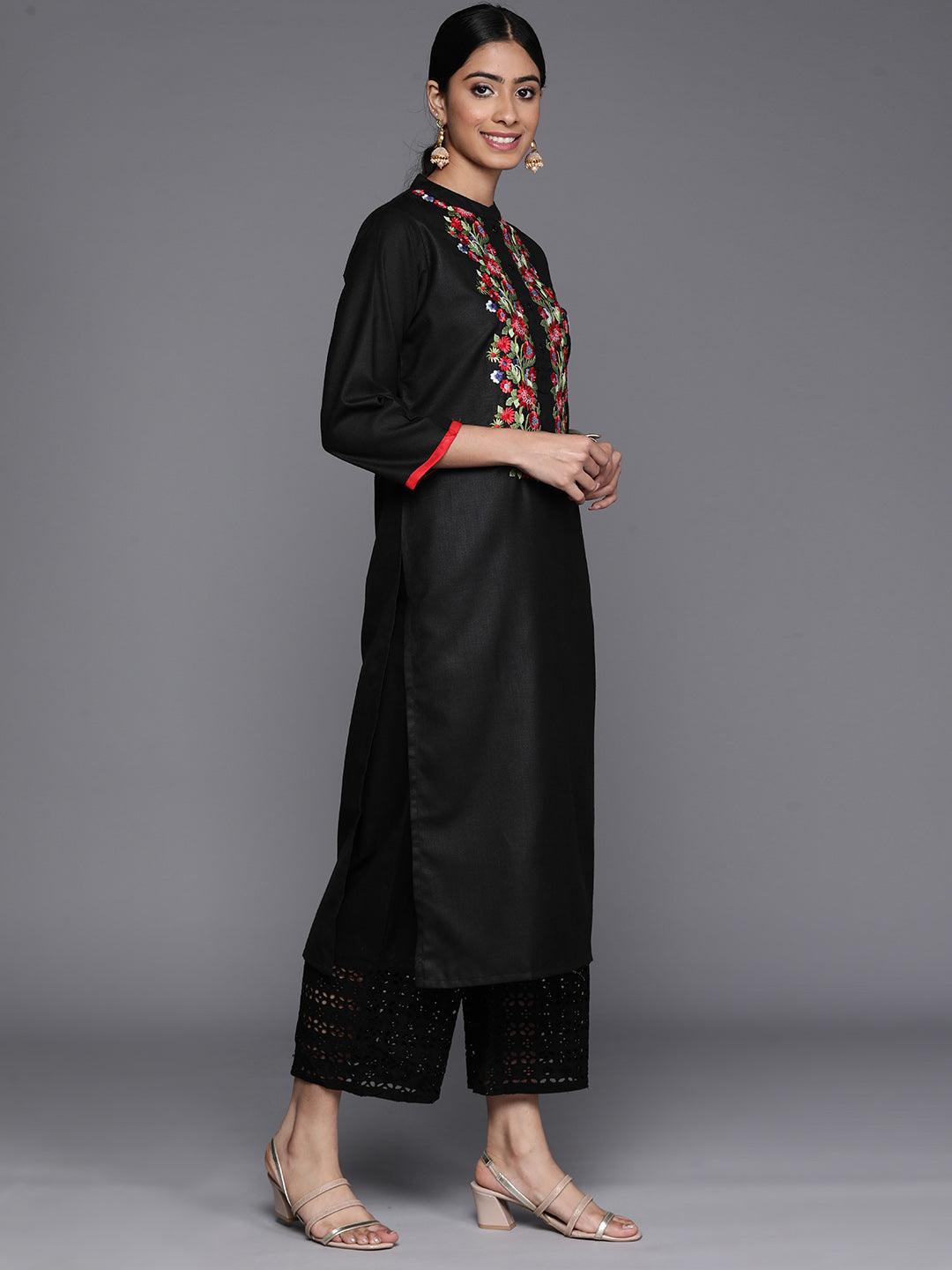 Black Embroidered Cotton Straight Kurta - Libas