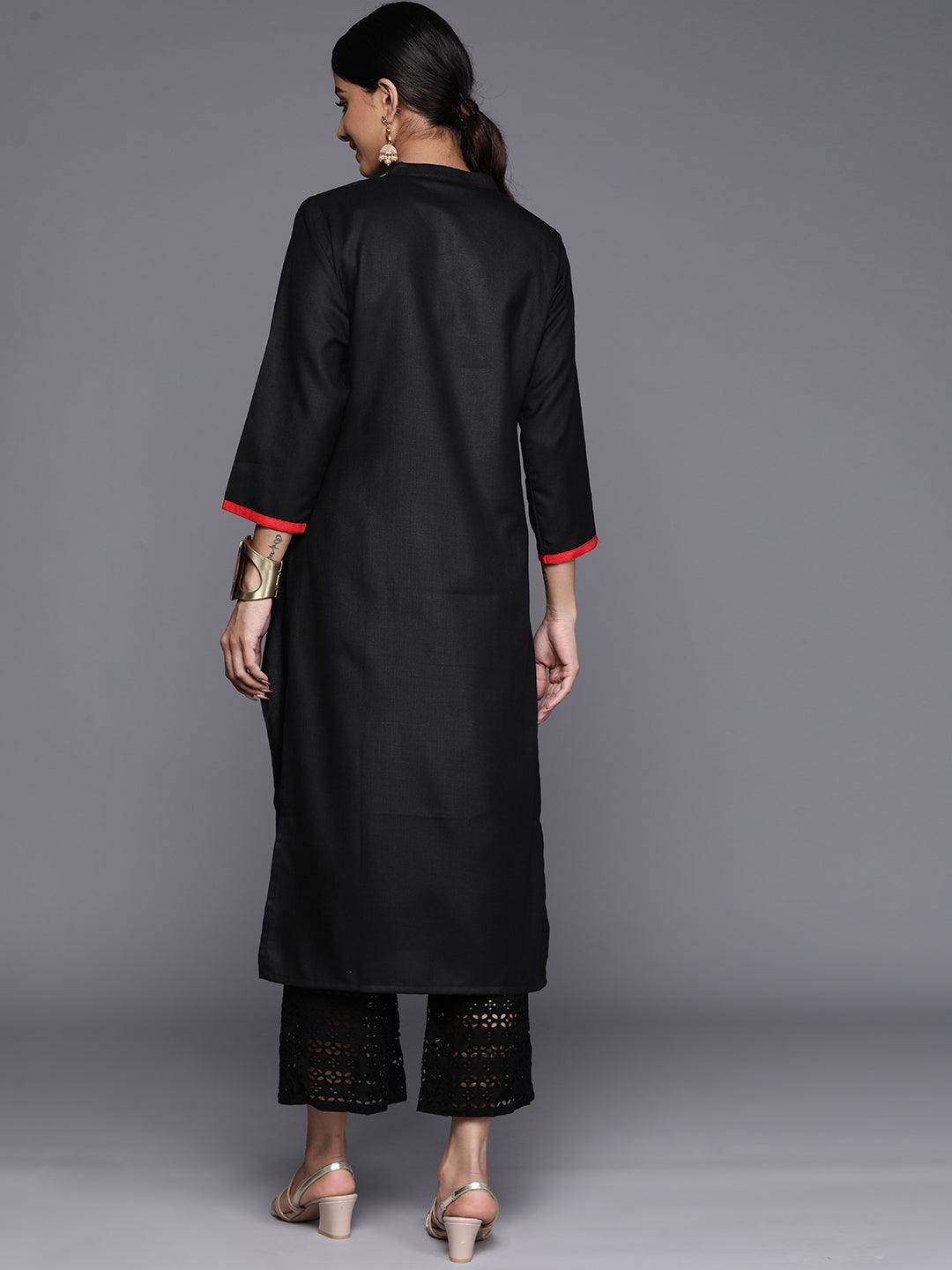 Black Embroidered Cotton Straight Kurta - Libas