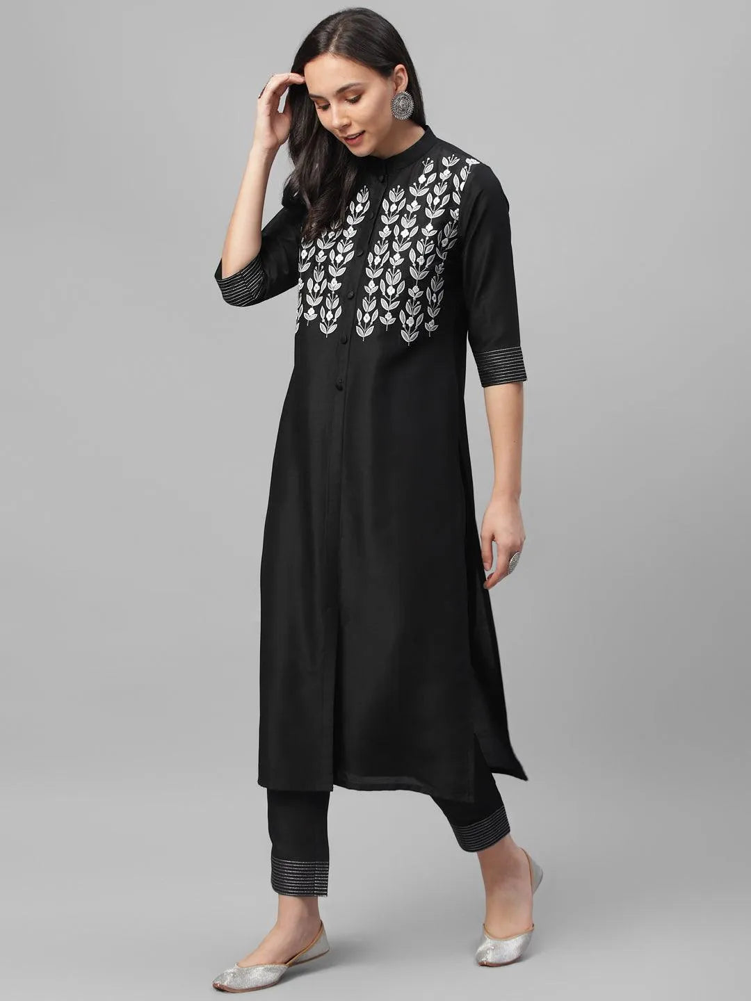 Black Embroidered Crepe Kurta - Libas 