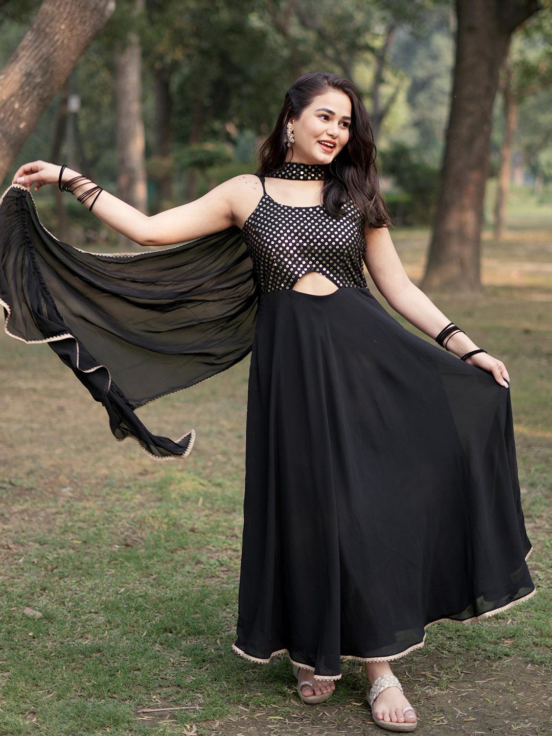 Black Embroidered Georgette A-Line Kurta With Trousers & Dupatta - Libas 