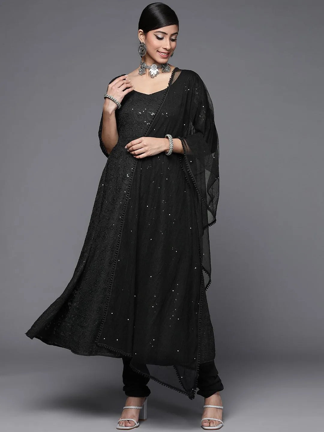 Black Embroidered Georgette Anarkali Suit Set - Libas 