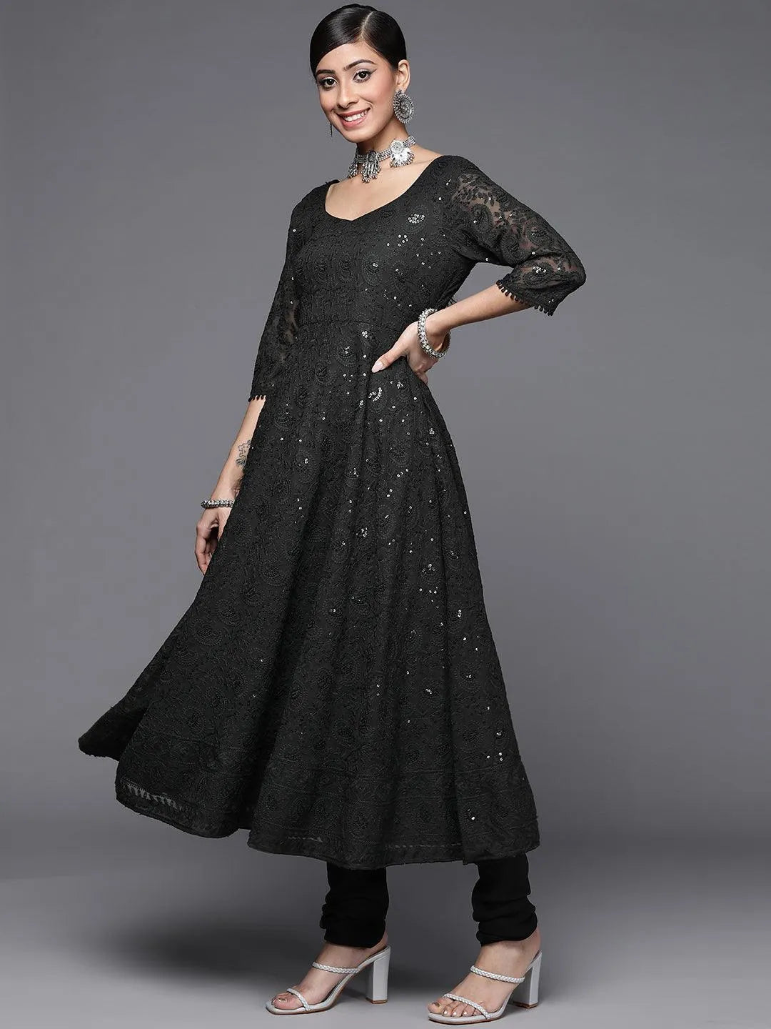 Black Embroidered Georgette Anarkali Suit Set - Libas 