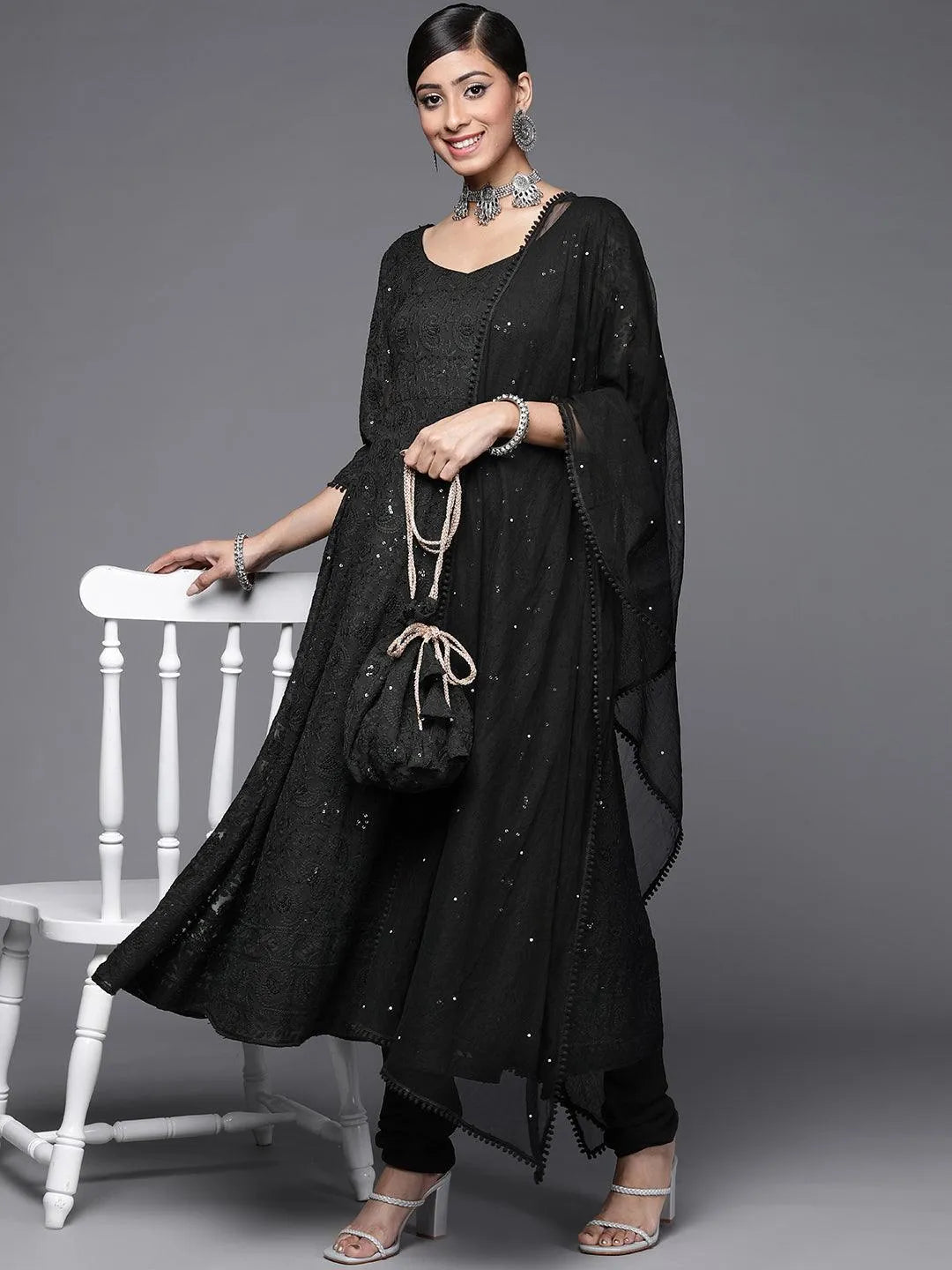 Black Embroidered Georgette Anarkali Suit Set - Libas 