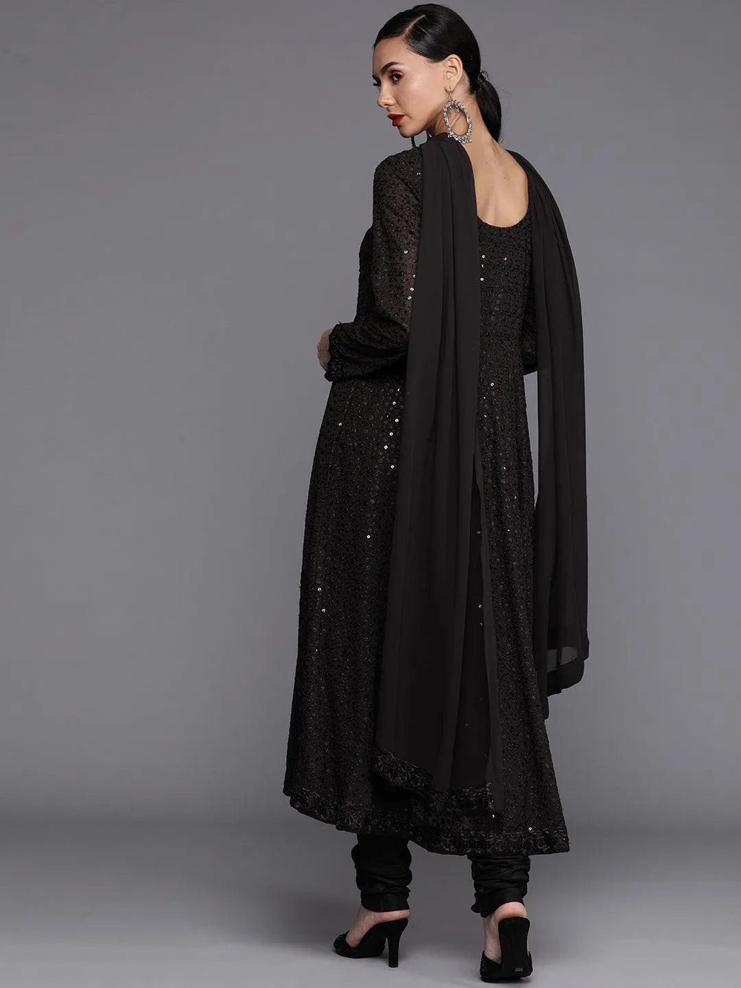 Black Embroidered Poly Georgette Suit Set - Libas 