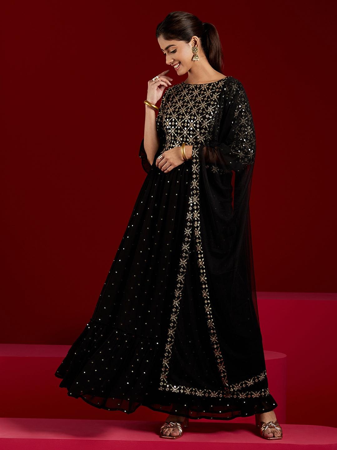 Black Embroidered Georgette Anarkali Kurta With Trousers & Dupatta - Libas